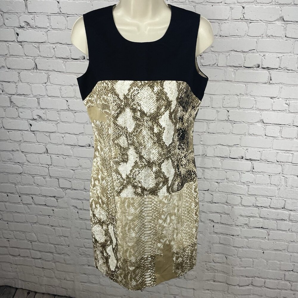 Tahari Tan Snakeprint Sleeveless Lined Stretch Shift Knee Length Dress Size 4